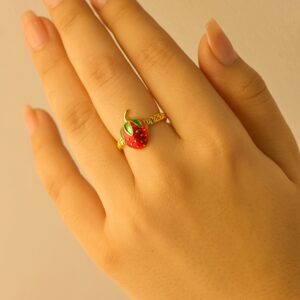 Anti-Tarnish Strawberry Adjustable Gold Ring
