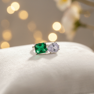 Anti-Tarnish Emerald and Pear Cut Toi-et-Moi Adjustable Silver Ring